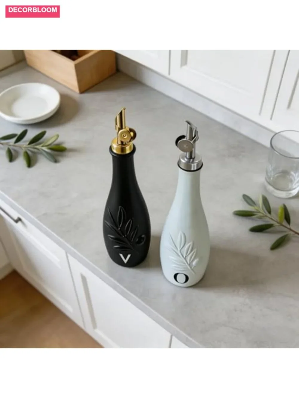 Set of 2 Ceramic Oil & Vinegar Dispensers, Leak Proof Self-Closing Spouts,